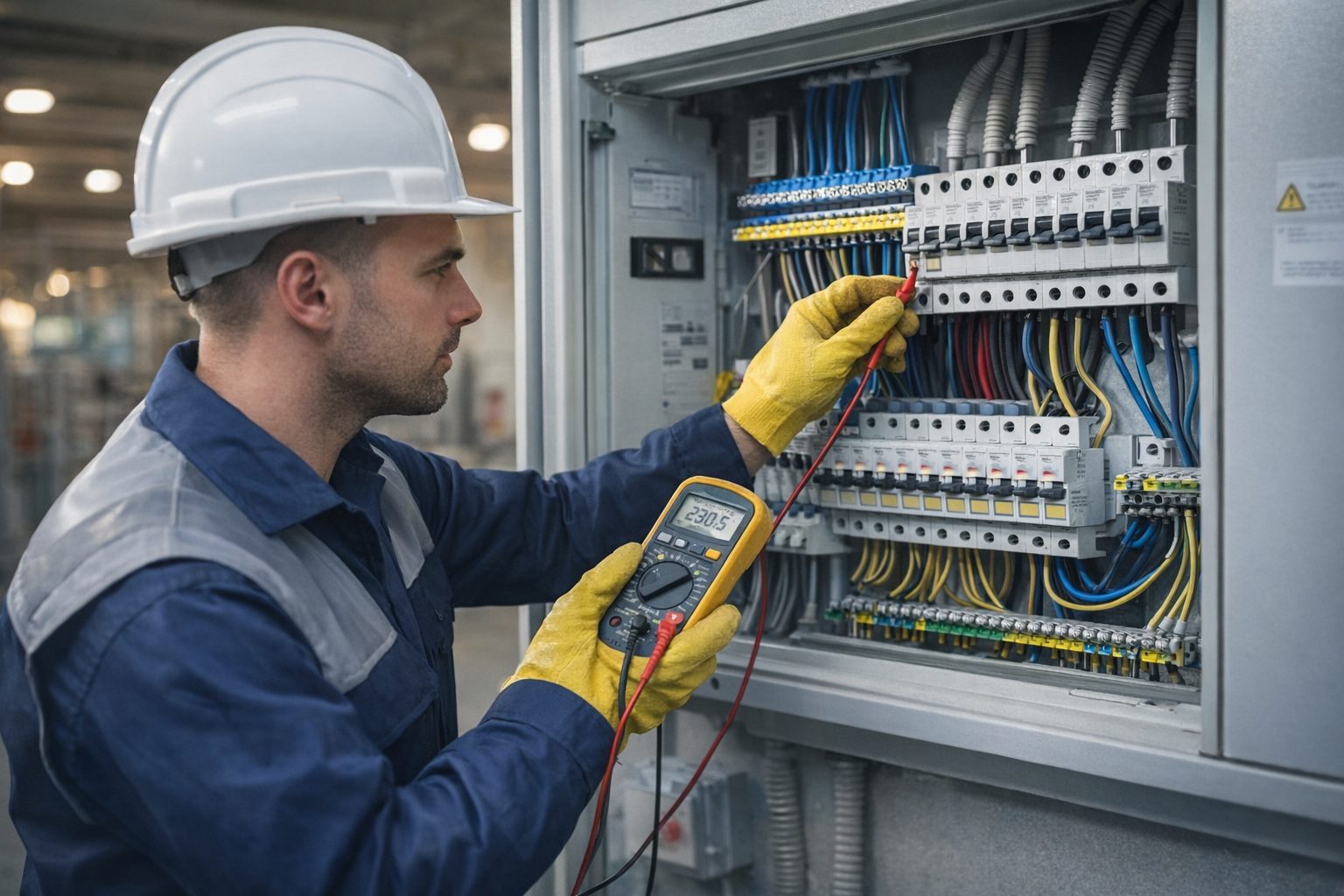 Electrical engineer testing at a commercial distribution board